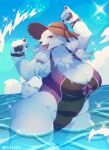  4_fingers achakura anthro artist_name big_breasts blush bracelet breasts cleavage clothed clothing day female fingers fur hat headgear headwear hi_res huge_breasts jewelry mammal one-piece_swimsuit open_mouth outside overweight overweight_anthro overweight_female partially_submerged pawpads polar_bear portrait solo standing swimwear thick_thighs three-quarter_portrait ursid ursine vanira water white_body white_fur 