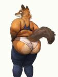  2020 anthro big_butt bottomwear bra butt canid canine cettus clothing clothing_pull clothing_too_small denim denim_clothing digital_media_(artwork) fat_rolls female fox hi_res huge_butt jeans looking_back love_handles mammal obese obese_female overweight overweight_female panties pants simple_background solo standing thick_thighs underwear white_background 