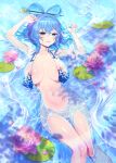  1girl absurdres afloat blue_hair breasts flower hagoromo hair_ornament highres kaku_seiga lee_jin_byeol lily_pad lotus naked_vest partially_submerged petals petals_on_liquid pink_flower puffy_sleeves ripples shallow_water shawl touhou vest water wet 