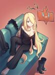  1girl ajc barefoot blonde_hair breasts cleavage couch cynthia_(pokemon) full_body grey_eyes highres long_hair one_eye_covered pokemon rotom rotom_phone shoes shoes_removed simple_background smile very_long_hair 
