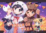  1girl 3boys :o :q animal_ears animal_hood aubrey_(omori) bangs basil_(omori) black_eyes black_hair blonde_hair blue_eyes bow bowtie brown_hair brown_hoodie bug closed_eyes closed_mouth cosplay ghost_costume halloween halloween_costume hat head_tilt hood hoodie kel_(omori) looking_at_viewer moon multiple_boys night night_sky omori open_mouth pumpkin red_bow red_bowtie short_hair sky smile spider sunny_(omori) tongue tongue_out werewolf_costume witch witch_hat xox_xxxxxx 