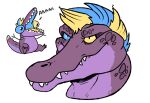  anthro blonde_hair blue_hair crocodilian glistening glistening_eyes hair imperatorcaesar male multicolored_hair narrowed_eyes open_mouth purple_body purple_scales reptile scales scalie simple_background sitting solo teeth tongue two_tone_hair white_background yellow_tongue 