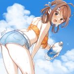  1girl ass bikini blue_sky bottle breasts brown_hair chougei_(kancolle) cloud cowboy_shot cutoffs denim denim_shorts grey_eyes hair_ribbon hair_rings highres kantai_collection kirisawa_juuzou large_breasts leaf_print leaning_forward long_hair official_alternate_costume orange_bikini ribbon shorts sky solo swimsuit water_bottle 