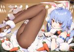  1girl animal_ear_fluff animal_ears bangs bare_shoulders black_gloves blue_hair blush box braid breasts brown_pantyhose carrot carrot_hair_ornament detached_sleeves don-chan_(usada_pekora) dress food-themed_hair_ornament fur-trimmed_dress fur_trim gloves hair_between_eyes hair_ornament highres holding holding_carrot hololive in_box in_container itohana legs_up long_hair lying nousagi_(usada_pekora) on_back pantyhose parted_lips rabbit_ears red_eyes shoes short_eyebrows short_sleeves small_breasts solid_oval_eyes solo sweat thick_eyebrows twin_braids twintails usada_pekora virtual_youtuber white_dress white_footwear 