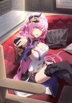  1girl absurdres blue_eyes breasts cleavage elf elysia_(honkai_impact) hair_ornament heart highres honkai_(series) honkai_impact_3rd large_breasts long_hair long_sleeves looking_at_viewer open_mouth pink_hair pointy_ears smile solo thighhighs zirancike 