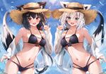  2girls animal_ear_fluff animal_ears aqua_eyes bangs bikini bird black_bikini black_hair blue_sky blush bow braid breasts cleavage closed_mouth cloud cloudy_sky commentary_request cowboy_shot day dot_nose dual_persona ears_through_headwear fang fox_ears fox_girl fox_shadow_puppet fox_tail hair_between_eyes hair_bow halterneck hat highres hololive kurokami_fubuki long_hair looking_at_viewer medium_breasts multi-strapped_bikini multiple_girls navel ocean off_shoulder open_clothes open_mouth open_shirt outdoors pentagram pulled_by_self red_bow red_eyes shirakami_fubuki shirt sidelocks single_braid skin_fang sky small_breasts smile stomach strap_pull straw_hat string_bikini swimsuit tail uechin_ewokaku underboob virtual_youtuber wading water wet wet_clothes white_hair white_shirt 