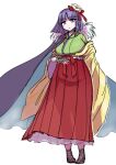  1girl agatha_chris_q_outfit_(touhou) breasts checkered_clothes checkered_kimono enajii flower green_kimono hair_flower hair_ornament hieda_no_akyuu highres japanese_clothes kimono large_breasts purple_hair short_hair simple_background solo touhou white_background 