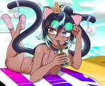  2_tails absurd_res animal_humanoid bikini black_hair breasts cat_humanoid cleavage clothed clothing drinking eyewear felid felid_humanoid feline feline_humanoid female hair hi_res humanoid lying mammal mammal_humanoid multi_tail on_front solo sunglasses swimwear wallyroo 