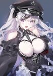  1girl azur_lane bangs bare_shoulders black_corset black_headwear blush breasts clothing_cutout corset dress elbe_(azur_lane) frilled_dress frills hat highres large_breasts layered_dress leotard long_hair long_sleeves looking_at_viewer military military_hat military_uniform multicolored_hair open_mouth peaked_cap shoulder_cutout skirt smile solo streaked_hair uniform white_leotard yd_(orange_maru) 
