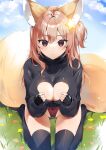  animal_ear_fluff animal_ears annytf black_gloves black_sweater black_thighhighs breasts brown_eyes brown_hair cleavage cleavage_cutout clothing_cutout cloud covered_navel crop_top fingerless_gloves fox_ears fox_girl fox_tail gloves grass groin hair_ornament hands_on_own_breasts highleg highleg_leotard highres indie_virtual_youtuber kasumi_komo large_breasts leotard leotard_under_clothes long_hair outdoors red_leotard side_ponytail sitting sky star_(symbol) star_hair_ornament sweater tail thighhighs thighs virtual_youtuber 