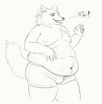  anthro belly big_belly black_and_white bottomwear boxers_(clothing) boxers_only bulge canid canine cettus clothing dialogue_box digital_drawing_(artwork) digital_media_(artwork) fox inner_ear_fluff love_handles male mammal monochrome moobs navel nipples obese obese_anthro obese_male overweight overweight_anthro overweight_male pants solo stretch_marks tongue tuft underwear whiskers 
