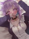  1girl ahoge animal_ears blush breasts cat_ears collar covering_mouth highres hololive large_breasts lying makosu_(toilet_mania) nekomata_okayu on_back on_bed partially_unbuttoned purple_eyes purple_hair shirt slit_pupils virtual_youtuber white_shirt 