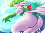  absurd_res big_breasts breasts butt chest_spike clothed clothing faejunkie female gardevoir green_hair hair hi_res humanoid looking_at_viewer muscular_thighs nintendo not_furry pok&eacute;mon pok&eacute;mon_(species) red_eyes side_boob solo spikes spikes_(anatomy) thick_thighs thong underwear video_games water wave wide_hips 
