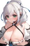  1girl armpits bangs bare_shoulders blush braid breasts cleavage covered_collarbone criss-cross_halter detached_sleeves dokkumaa dress embarrassed grabbing_own_breast green_eyes grey_hair hair_ornament halterneck hands_on_own_chest highres hololive large_breasts long_hair looking_at_viewer low_neckline microphone off-shoulder_dress off_shoulder open_mouth shirogane_noel simple_background solo sweatdrop upper_body virtual_youtuber white_background white_dress 