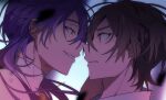  2boys brothers brown_eyes brown_hair eiden_(nu_carnival) evil_smile long_hair long_sleeves looking_at_another male_focus multiple_boys nu_carnival purple_hair rin_(nu_carnival) short_hair siblings smile spoilers yaoi yellow_eyes zaqxcsdwe123 