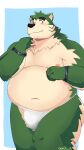  2022 anthro belly big_belly blush canid canine canis clothing domestic_dog gonda_29 green_body hi_res humanoid_hands lifewonders live-a-hero male mammal mokdai moobs navel nipples overweight overweight_male simple_background solo underwear video_games 
