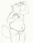  anthro belly big_belly black_and_white bottomwear canid canine cettus clothing cookie denim denim_clothing digital_drawing_(artwork) digital_media_(artwork) eating eyes_closed food fox inner_ear_fluff jeans love_handles male mammal monochrome moobs navel nipples overweight overweight_anthro overweight_male pants solo stretch_marks tongue tuft whiskers 