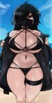  1girl ahoge ana_(zana) beach bikini black_bikini black_hair black_nails breasts choker cleavage coat collarbone commentary covered_mouth english_commentary exhibitionism fingernails flashing hair_over_one_eye highres huge_breasts long_hair looking_at_viewer mask mole mole_on_breast mole_on_neck mole_on_shoulder mole_on_stomach mole_on_thigh mouth_mask multi-strapped_bikini multiple_moles nail_polish naughty_face navel navel_piercing o-ring o-ring_top ocean open_clothes open_coat original piercing public_indecency red_eyes skindentation solo spaghetti_strap string_bikini sweat swimsuit symbol-only_commentary thick_thighs thigh_strap thighs underboob zanamaoria 