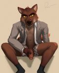  2021 anthro artist_name canid canine canis clothing dreamworks footwear fur genitals heart_underwear hi_res looking_at_viewer male mammal masturbation mr._wolf_(the_bad_guys) penis rov signature sitting smile socks solo suit the_bad_guys underwear wolf 