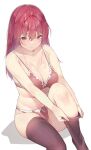  1girl absurdres bangs bare_arms bare_shoulders blush bra breasts cleavage closed_mouth hair_between_eyes heterochromia highres hololive houshou_marine knee_up koubou_(cowbow_kun) large_breasts long_hair looking_at_viewer panties putting_on_legwear red_bra red_eyes red_hair red_panties sitting solo stomach strap_gap sweat thighhighs underwear underwear_only virtual_youtuber yellow_eyes 
