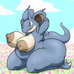  1:1 2022 anthro big_breasts big_butt blue_body bouncing_breasts breasts brown_nipples butt cellulite female hands_behind_head hi_res huge_butt kneeling lashylargo nidoqueen nintendo nipples nude overweight overweight_anthro overweight_female pok&eacute;mon pok&eacute;mon_(species) puffy_nipples solo thick_thighs video_games 