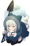  1girl animal_hood bangs blue_eyes blue_jacket braid breasts cernunnos_(fate) character_name echo_(circa) fate/grand_order fate_(series) french_braid grey_hair hood hood_up hooded_jacket jacket large_breasts long_hair long_sleeves looking_at_viewer morgan_le_fay_(fate) ponytail shovel sidelocks solo squatting stuffed_toy very_long_hair 