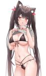  1girl :o ahoge animal_ear_fluff animal_ears bangs bikini black_bikini black_hair breasts cleavage clothes_lift commentary_request fang front-tie_bikini front-tie_top grey_shirt groin hair_between_eyes hair_ribbon highres large_breasts lifted_by_self long_hair looking_at_viewer multi-strapped_bikini navel o-ring o-ring_bikini o-ring_bottom o-ring_top original parted_lips red_eyes red_ribbon ribbon saeki_sora shirt shirt_lift simple_background solo swimsuit twintails very_long_hair white_background 