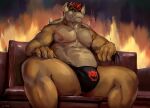  2022 abs anthro big_bulge big_muscles black_background bowser bowser_day bulge claws clothing collaboration dkase eyebrows fire furniture hair horn juiceps koopa looking_at_viewer male mario_bros muscular muscular_anthro muscular_male navel nintendo nipples non-mammal_nipples on_sofa pecs scalie shell simple_background sitting sofa solo spiked_shell spikes spikes_(anatomy) teeth thick_thighs thong underwear video_games 