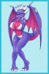  3_toes 5_fingers activision anthro bedroom_eyes big_breasts blue_background blue_eyes blush bra breasts claws cleavage clothed clothing collar cynder dragon eyelashes feet female fingernails fingers front_view glistening glistening_body glistening_breasts glistening_legs glistening_scales glistening_tail glistening_thighs half-closed_eyes hand_on_breast hi_res horn long_fingernails long_nails long_tail looking_at_viewer membrane_(anatomy) membranous_wings multicolored_body multicolored_scales naaraskettu nails narrowed_eyes navel nipple_outline open_mouth panties pink_body pink_scales pink_tongue purple_body purple_scales scales scalie seductive shaded simple_background solo spyro_the_dragon standing thick_thighs toes tongue underwear video_games wide_hips wings 