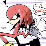  1:1 anthro bodily_fluids character_off_screen digital_media_(artwork) echidna exclamation_point gunner_double_one knuckles_the_echidna low_res male mammal monotreme oekaki purple_eyes red_body red_skin running sega signature solo sonic_the_hedgehog_(series) source_request speech_bubble sweat sweatdrop text 