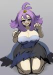  1girl acerola_(pokemon) alternate_breast_size bangs blue_dress breasts cleavage dress flipped_hair gipehtyboo grey_dress grey_eyes hair_ornament hairclip highres large_breasts medium_hair multicolored_clothes multicolored_dress pokemon pokemon_(game) pokemon_sm purple_hair short_sleeves solo stitches topknot torn_clothes torn_dress 
