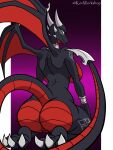  2022 3:4 activision alternate_version_at_source anthro big_breasts big_butt black_body black_scales breasts butt curvaceous curvy_figure cynder dragon female full-length_portrait genitals hi_res horn kevlar_productions kneeling looking_at_viewer looking_back looking_back_at_viewer membrane_(anatomy) membranous_wings nude portrait purple_background pussy rear_view scales scalie side_boob simple_background solo spyro_the_dragon talons video_games voluptuous western_dragon wings 
