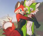  2022 anthro artist_name blue_eyes blush breasts canid canine clothed clothing digital_media_(artwork) duo female fox fur gloves_(marking) green_body green_fur hyilpi light lighting male mammal markings navel open_clothing open_shirt open_topwear outside red_body red_fur shaded shirt topwear vixy_(hyilpi) white_body white_fur 