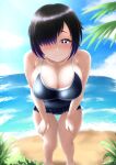  1girl absurdres bangs beach black_hair blue_eyes blue_sky blush breasts cleavage cloud cross-shaped_pupils curvy eyelashes hair_over_one_eye hands_on_thighs highres large_breasts leaning_forward long_bangs looking_at_viewer mee_don one-piece_swimsuit original plant plump plus_sign short_hair sky smile summer sweat swimsuit tree water wet 