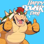  1:1 2022 anthro armband belly blue_background bowser bowser_day bracelet claws collar english_text eyebrows genottr gesture hair hi_res horn jewelry koopa looking_at_viewer male mario_bros muscular muscular_anthro muscular_male nintendo open_mouth open_smile pecs scalie shell signature simple_background smile solo spiked_armband spiked_bracelet spiked_collar spiked_shell spikes spikes_(anatomy) standing star teeth text thumbs_up tongue video_games 
