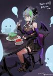  1girl :t absurdres artist_name bangs black_footwear black_skirt black_sleeves black_thighhighs bow breasts bsapricot_(vtuber) chair cleavage closed_mouth collarbone cross cross_earrings crown cup demon_girl demon_horns demon_wings detached_sleeves earrings eating food fork full_moon ghost green_eyes green_hair hair_ornament hairclip high_heels highres holding holding_cup holding_fork horns jewelry jun_(seojh1029) large_breasts long_sleeves moon multiple_horns nail_polish on_chair pointy_ears purple_bow red_nails short_hair single_thighhigh sitting skirt spiked_anklet table teacup thank_you thigh_strap thighhighs toenail_polish toenails virtual_youtuber vshojo weibo_logo weibo_username wings wooden_table 