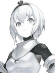  1girl armor breastplate breasts close-up colored_skin commentary_request grey_eyes hairband km_yama looking_at_viewer original short_hair small_breasts smile white_background white_hair white_skin white_theme 