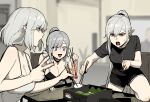  3girls blurry blurry_background breasts chair choker chopsticks cleavage gogalking grey_hair hair_between_eyes highres holding holding_chopsticks large_breasts motion_lines multiple_girls open_mouth original pointy_ears ponytail red_eyes rock_paper_scissors short_sleeves shorts table teeth tongue vampire&#039;s_sister_(gogalking) vampire_(gogalking) 