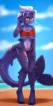  2022 5_fingers absurd_res anthro beach blurred_background breasts clothing digital_media_(artwork) dinoalpaka eyebrows female fingers fish front_view hi_res marine multicolored_body navel nipple_outline non-mammal_breasts seaside shark solo 