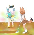  2girls anger_vein animal_ears antlers bare_shoulders black_hair boots broom brown_hair brown_shirt brown_skirt brown_thighhighs dhole_(kemono_friends) dog_ears dog_girl dog_tail flats fur_collar gloves highres kemono_friends kemono_friends_3 kirin_(kemono_friends) light_brown_hair long_hair multicolored_hair multiple_girls musical_note pleated_skirt saja_(166j357) shirt short_hair skirt sleeveless sparkle tail thigh_strap thighhighs two-tone_hair two-tone_shirt white_footwear white_gloves white_hair white_shirt wings yellow_footwear zettai_ryouiki 