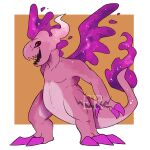  1:1 anthro border claws front_view imperatorcaesar male open_mouth open_smile orange_background pink_body pink_claws pink_tail purple_wings simple_background smile solo standing white_border wings 