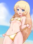  1girl bikini_pull blonde_hair blue_eyes breasts cameltoe clothes_pull collarbone commentary_request cowboy_shot double_zeta gold_bikini highres jervis_(kancolle) kantai_collection long_hair looking_at_viewer small_breasts smile solo standing 