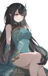  1girl absurdres aezella_(rui_ka) aqua_dress arknights arm_support bangs black_hair breasts china_dress chinese_clothes commentary dress dusk_(arknights) dusk_(everything_is_a_miracle)_(arknights) feet_out_of_frame highres horns large_breasts long_hair looking_at_viewer official_alternate_costume pointy_ears simple_background sitting sleeveless sleeveless_dress solo thighs very_long_hair white_background yellow_eyes 