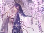  bangs blunt_bangs braid floral_print flower genshin_impact haori holding holding_umbrella japanese_clothes kimono obi print_kimono raiden_shogun sash single_braid umbrella wide_sleeves wisteria yanan882 