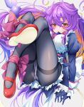  1girl ass bangs black_gloves black_pantyhose bombergirl breasts gloves hesoten highres long_hair looking_at_viewer mary_janes multicolored_hair orange_eyes orange_hair pantyhose prune_(bombergirl) puffy_sleeves purple_hair red_footwear shoes simple_background solo thighband_pantyhose two-tone_hair white_background 