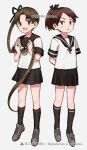  2girls arms_behind_back ayanami_(kancolle) ayanami_kai_ni_(kancolle) black_sailor_collar black_skirt black_socks brown_hair full_body kantai_collection long_hair looking_at_viewer multiple_girls ponytail sailor_collar school_uniform serafuku shikinami_(kancolle) shimin short_hair side_ponytail skirt socks standing watermark 