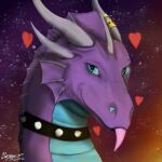  &lt;3 1:1 abstract_background blue_eyes bracelet cheek_fins collar crystal_dragon dragon female feral fin gold_(metal) gold_bracelet gold_jewelry headshot_portrait hi_res horn jewelry looking_at_viewer portrait purple_body smile solo spiked_collar spikes tongue tongue_out xymor 