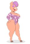  anthro bedroom_eyes big_breasts breasts cleavage clothed clothing domestic_pig eyeshadow female hair hi_res makeup mammal narrowed_eyes open_mouth open_smile orange_body purple_hair seductive simple_background smile solo standing suid suina sus_(pig) thick_thighs usnarbit white_background 