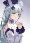  1girl bangs bare_shoulders blue_hair blush breasts chinese_commentary collarbone dress from_side girls&#039;_frontline green_eyes hair_ornament hairclip hand_on_hand hk416_(girls&#039;_frontline) hk416_(herbal-flavored_hard_candy)_(girls&#039;_frontline) long_hair looking_at_viewer official_alternate_costume one_smoke open_mouth purple_headwear smile solo upper_body white_background white_dress 