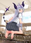  1girl absurdres ahoge alternate_costume andy2465 bangs barefoot black_skirt blurry blurry_background blush classroom commentary_request demon_girl demon_horns embarrassed feet from_behind full_body highres hololive horns kneeling la+_darknesss legs long_hair looking_at_viewer multicolored_hair on_chair open_mouth photo_background pointy_ears purple_hair shiny shiny_skin shirt short_sleeves sidelocks skirt smell soles solo streaked_hair striped_horns sweat sweatdrop toes virtual_youtuber white_shirt 